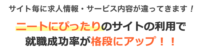 サイト毎に求人情報・サービス内容が違ってきます！ニートにピッタリのサイトの利用で 就職成功率が格段にアップ！！