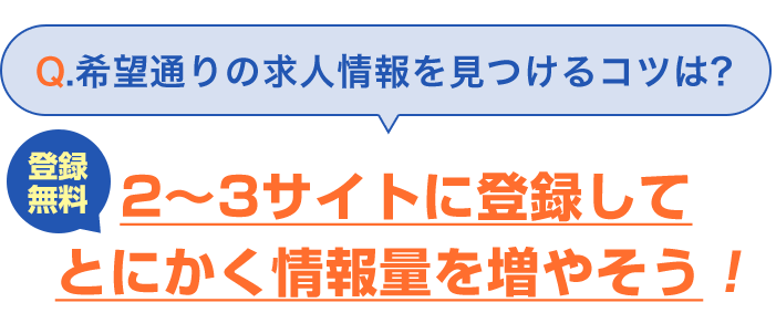 Ｑ.希望通りの求人情報を見つけるコツは？2〜3サイトに登録してとにかく情報量を増やそう！